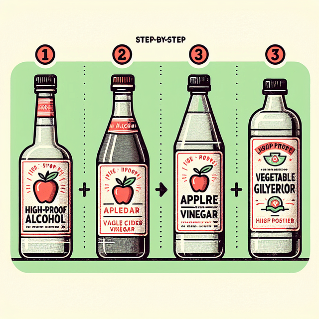 bottles of high-proof alcohol, apple cider vinegar, and vegetable glycerine