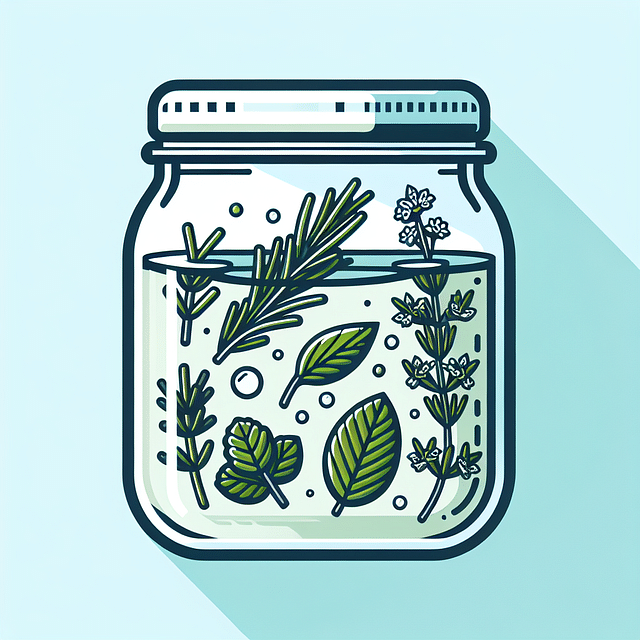 herbs submerged in liquid inside a sealed glass jar