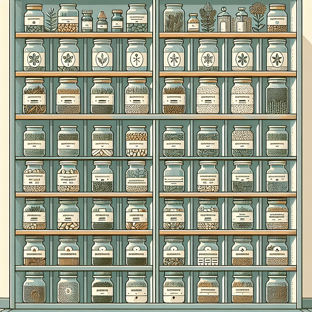 organized herbal apothecary shelves with labeled jars