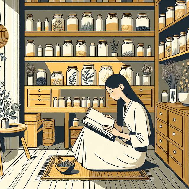 herbalist reading and learning in a cozy apothecary setting