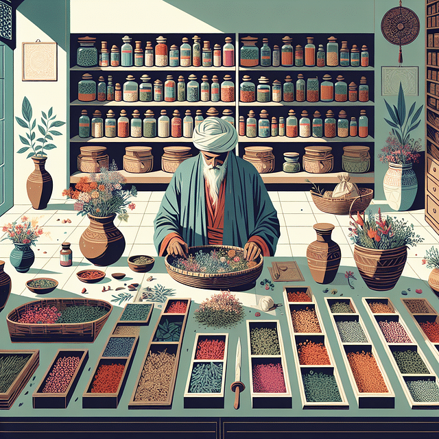 ancient herbalist surrounded by herbs in a tranquil apothecary
