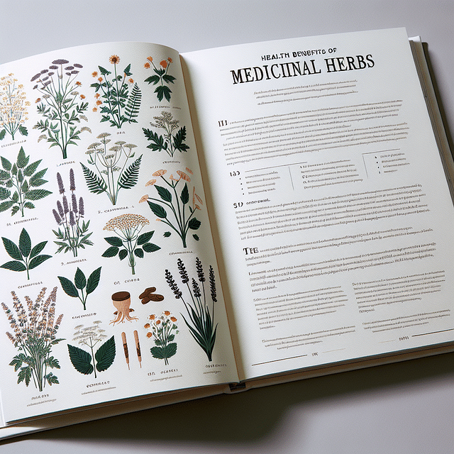 Open book with illustrations of medicinal herbs and their benefits