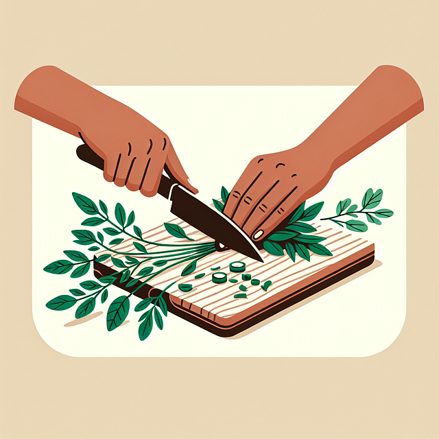 Hands gently preparing and chopping fresh herbs