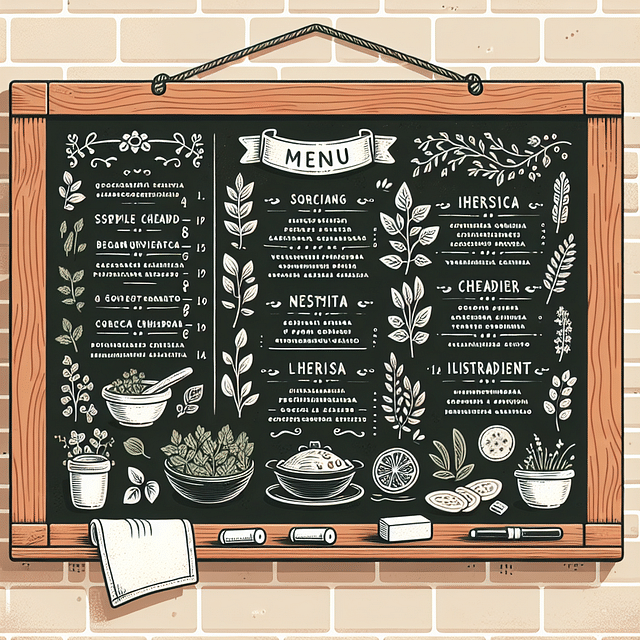 Menu chalkboard with herb-infused dishes listed