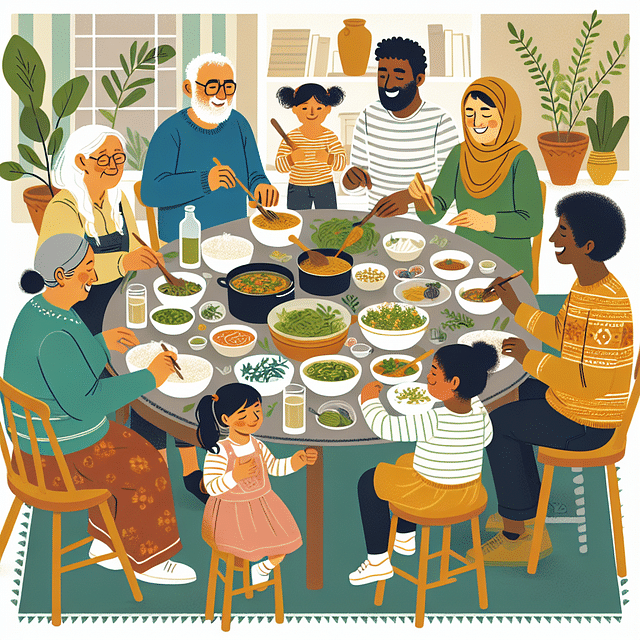Family and friends enjoying a meal with herbal dishes at a community table