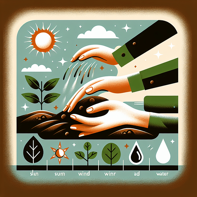hands preparing soil with sun, water, and wind elements
