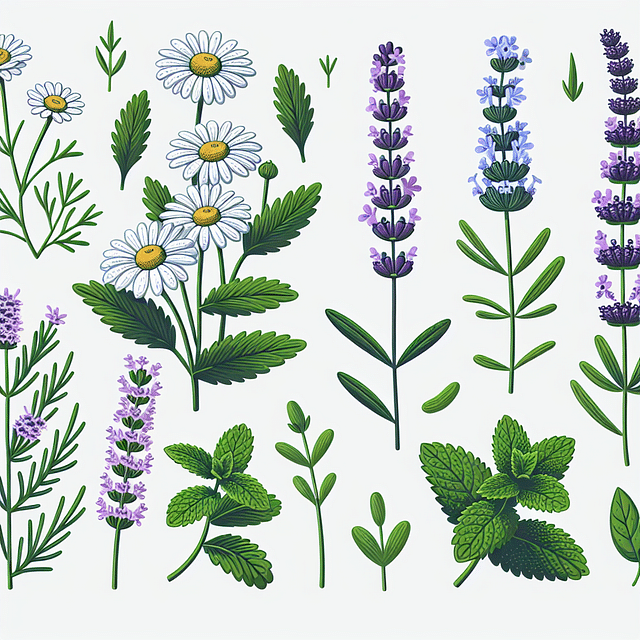 assortment of healing herbs like chamomile, lavender, and mint