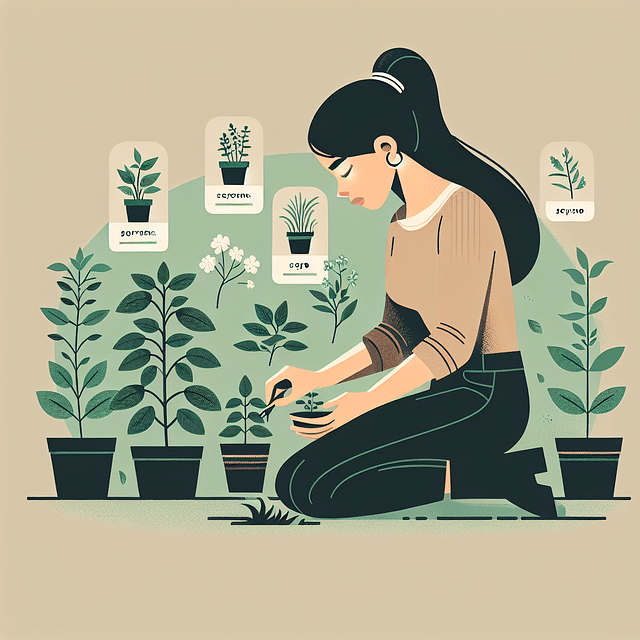 person peacefully tending to a herb garden, whispering to the plants