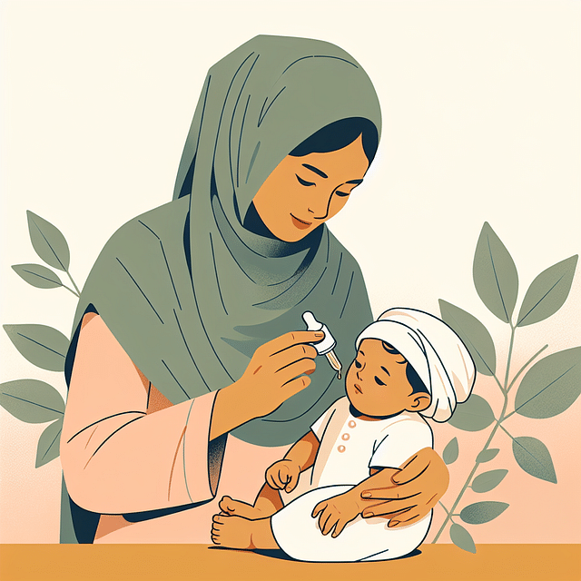 a mother gently giving her baby linden tea with a dropper