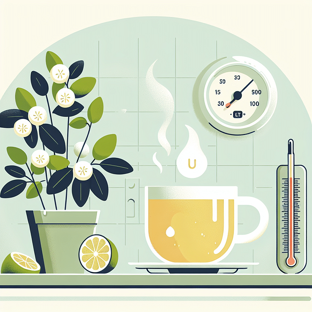 linden tea cooling on a kitchen counter with a thermometer showing safe temperature