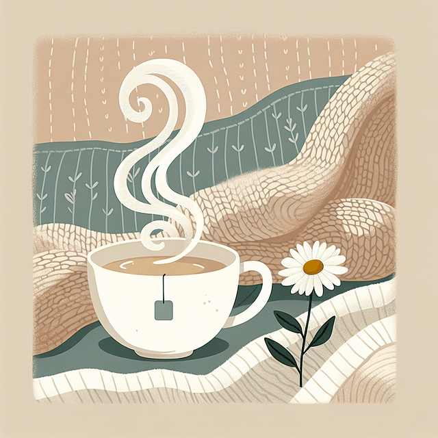 steaming cup of chamomile tea with a cozy blanket in the background