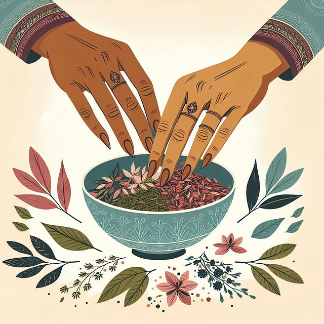 hands gently mixing herbal tea blend in a bowl