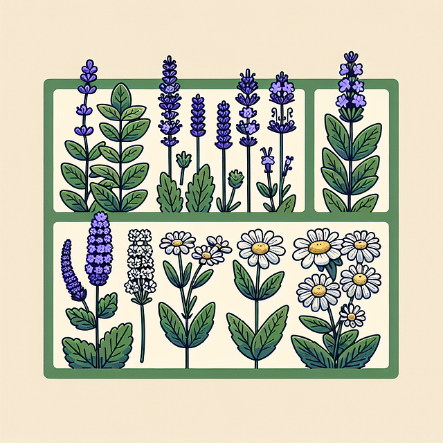 lavender and lemon balm sprigs alongside chamomile flowers