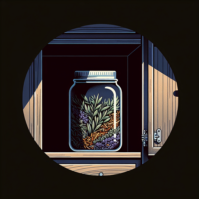glass jar filled with herbal tea blend stored in a dark cupboard