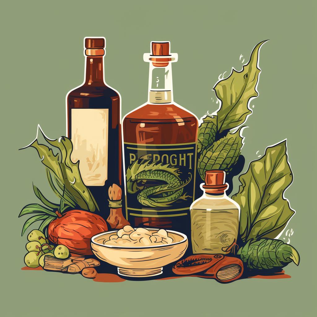 A collection of Dragonflight herbs, a glass jar, and a bottle of high-proof alcohol