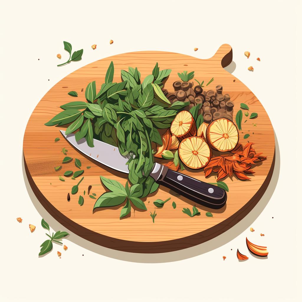 Chopped Dragonflight herbs on a cutting board