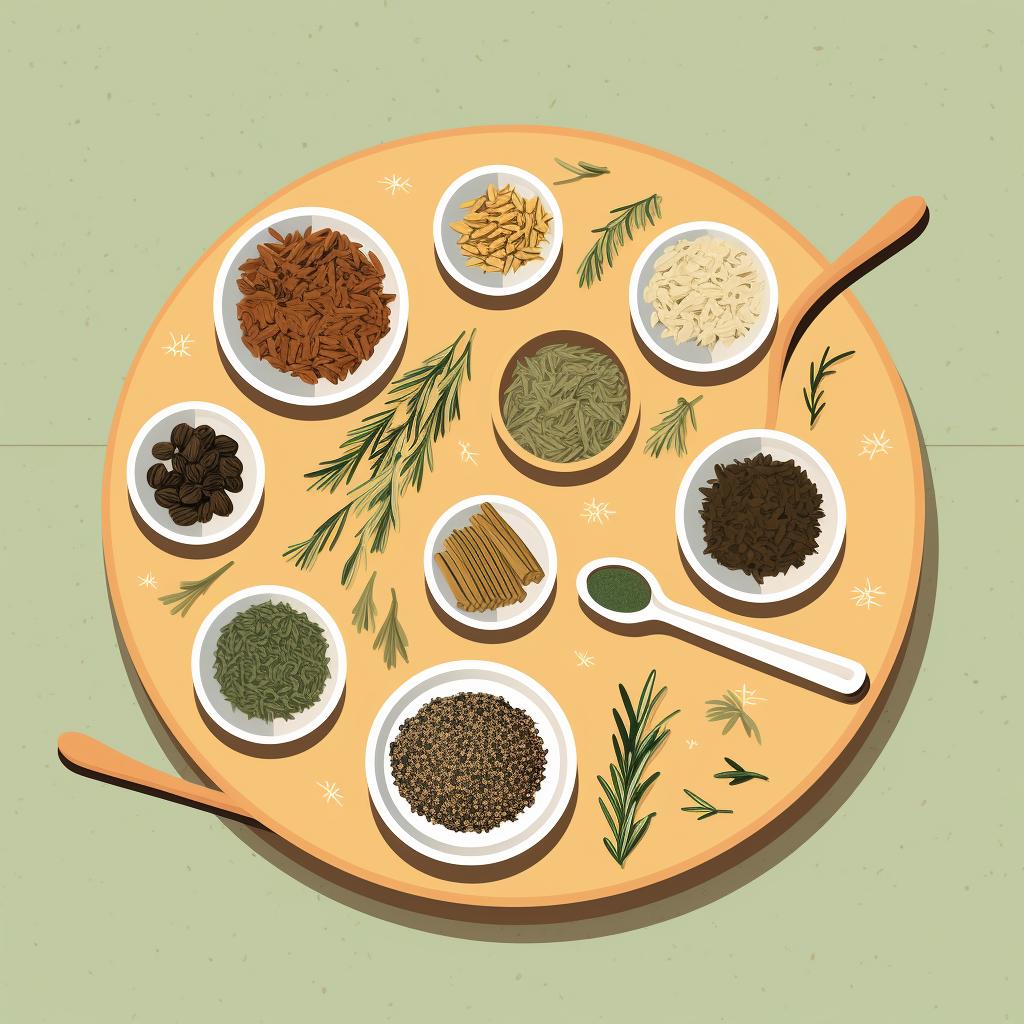 A selection of dried herbs spread out on a table.