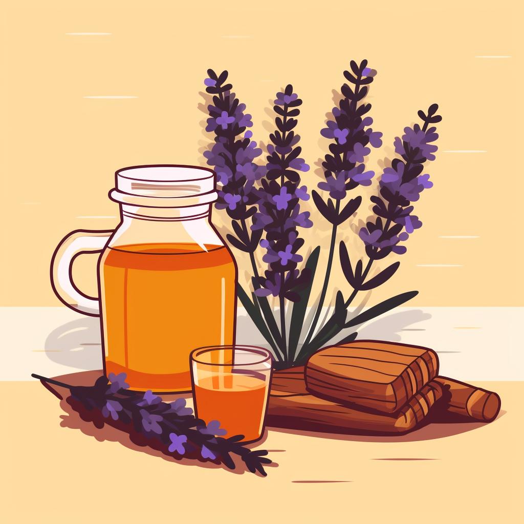 A handful of fresh lavender flowers next to a cup of water and a jar of honey.