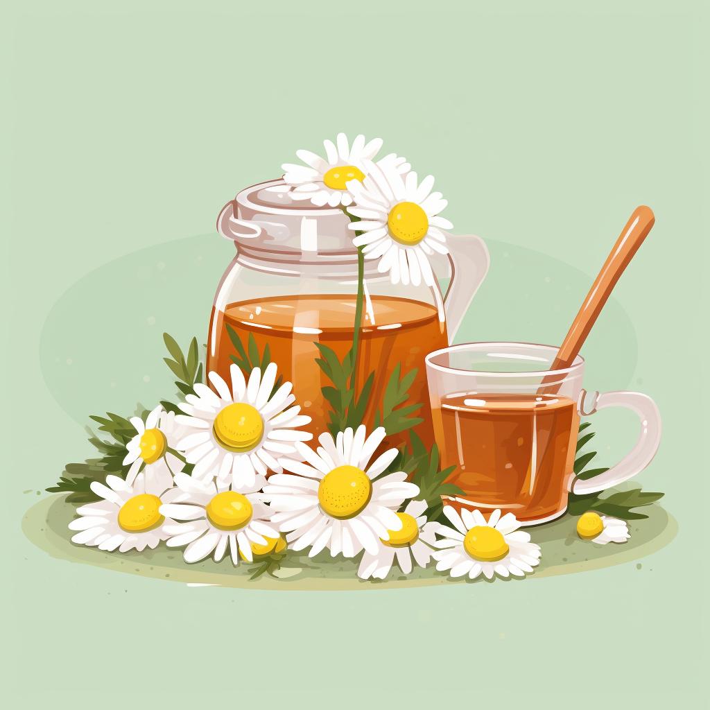 Fresh chamomile flowers next to a cup of water and a honey jar.
