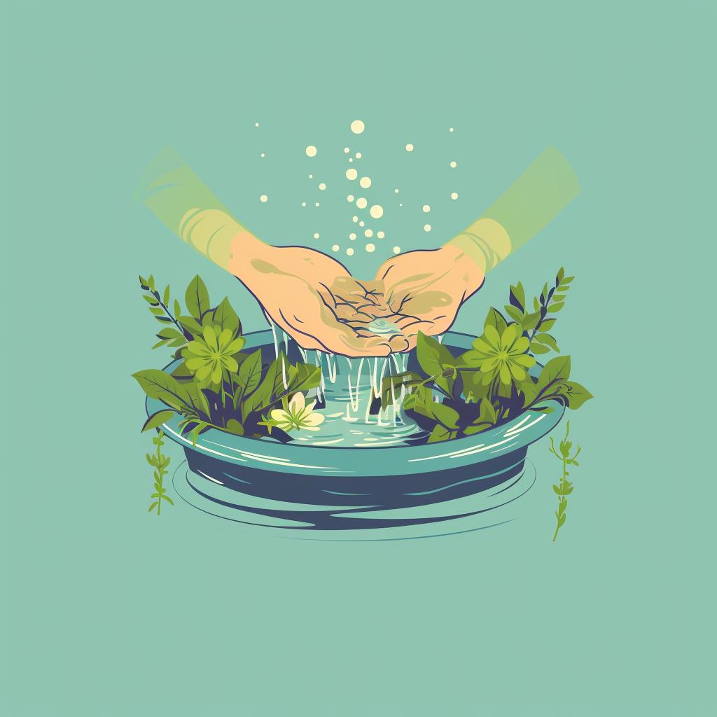Hands washing herbs under running water