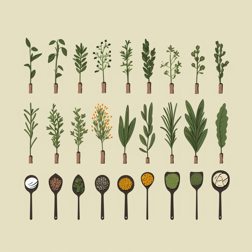 A tablespoon of each herb being measured out.