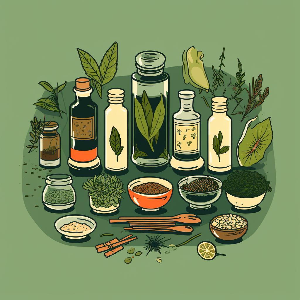 A selection of herbal preparations: tea, tincture, salve, and capsules