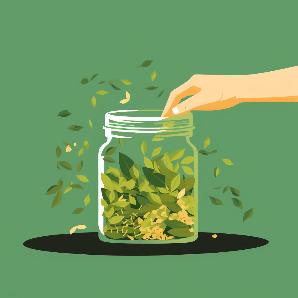 A jar being filled with chopped herbs