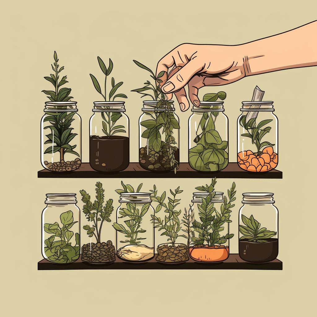 Herbs being placed in labeled jars.