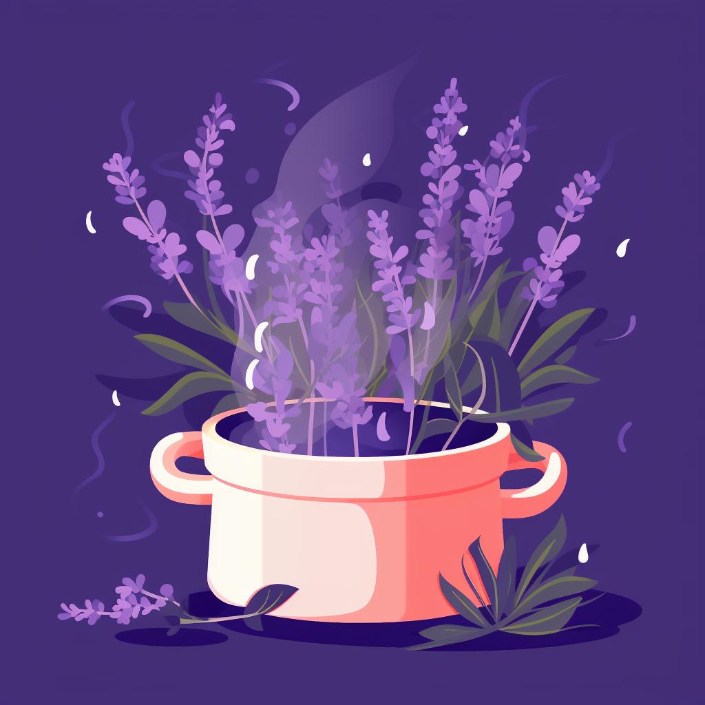 Fresh lavender flowers being added to a pot of boiling water.