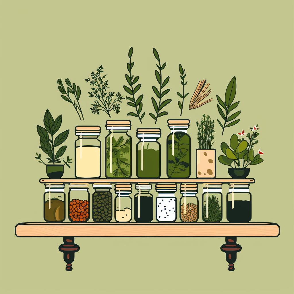 An organized herbalism kit with jars and tools.