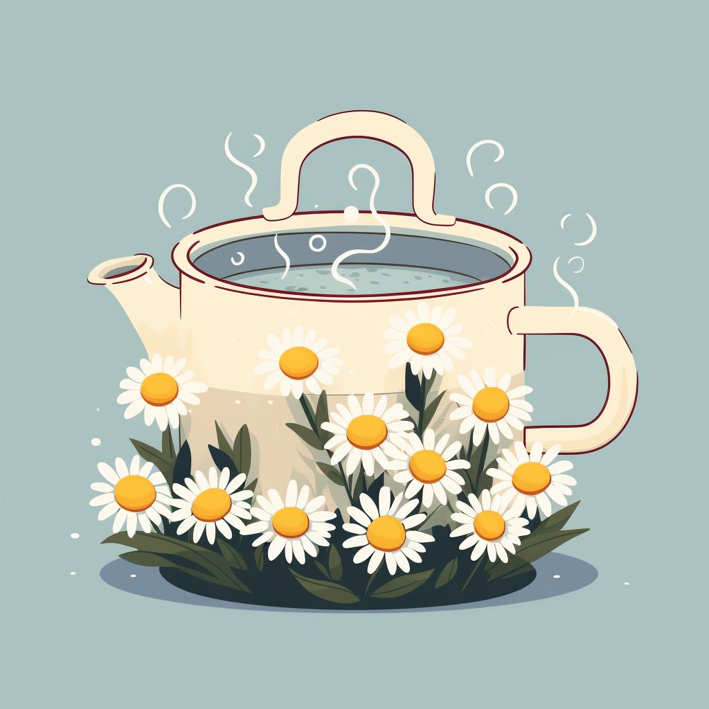 Chamomile flowers steeping in a pot of hot water.