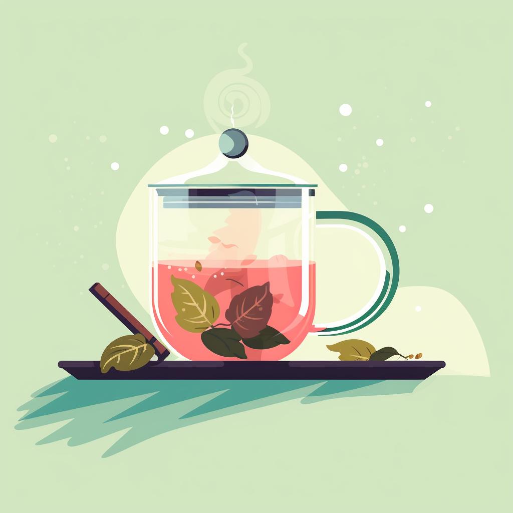 A cup of hot water with a tea infuser containing the herbal blend.