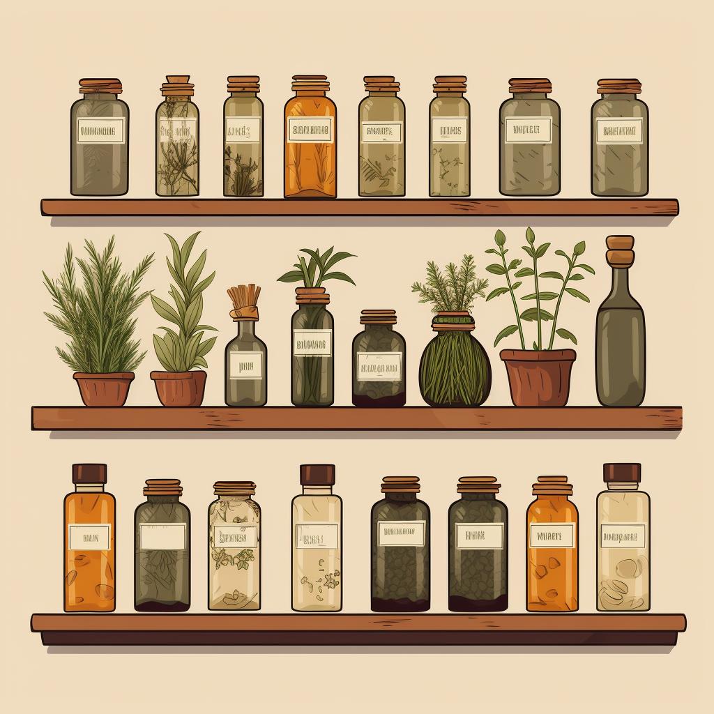 Bottles of herbal remedies labelled and stored on a shelf