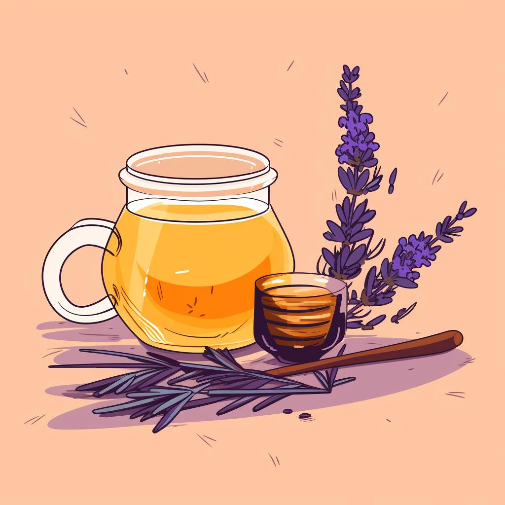 A cup of lavender tea being strained, with a jar of honey on the side.