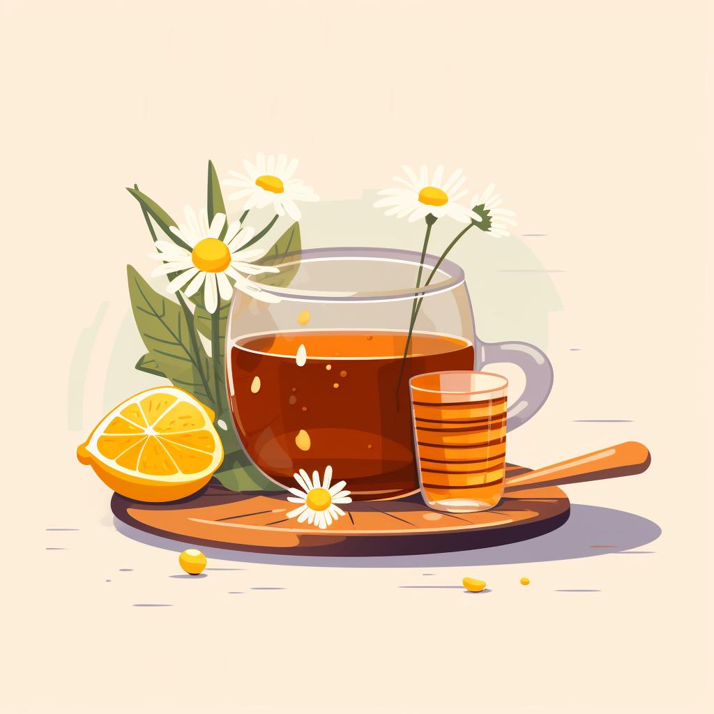 A cup of chamomile tea with a honey jar and lemon slices on the side.