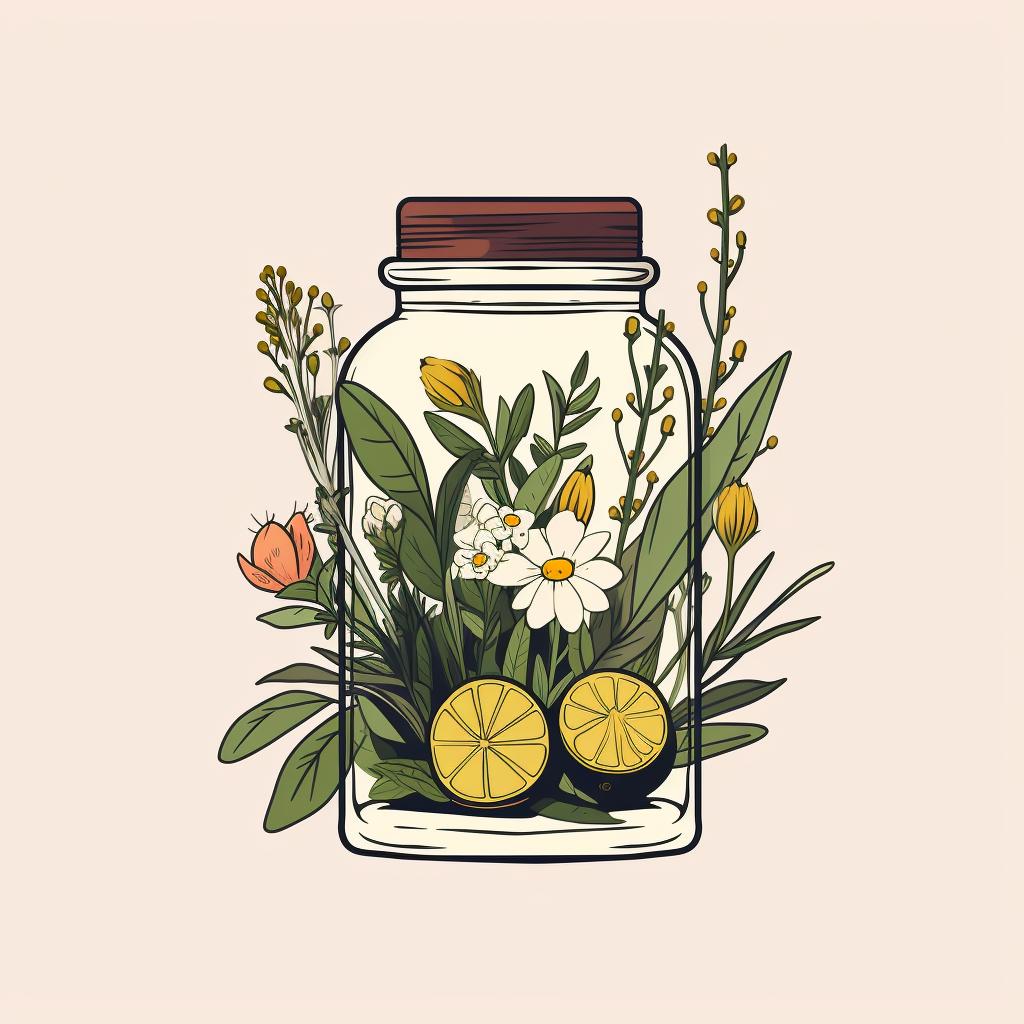 A glass jar filled with herbs and alcohol