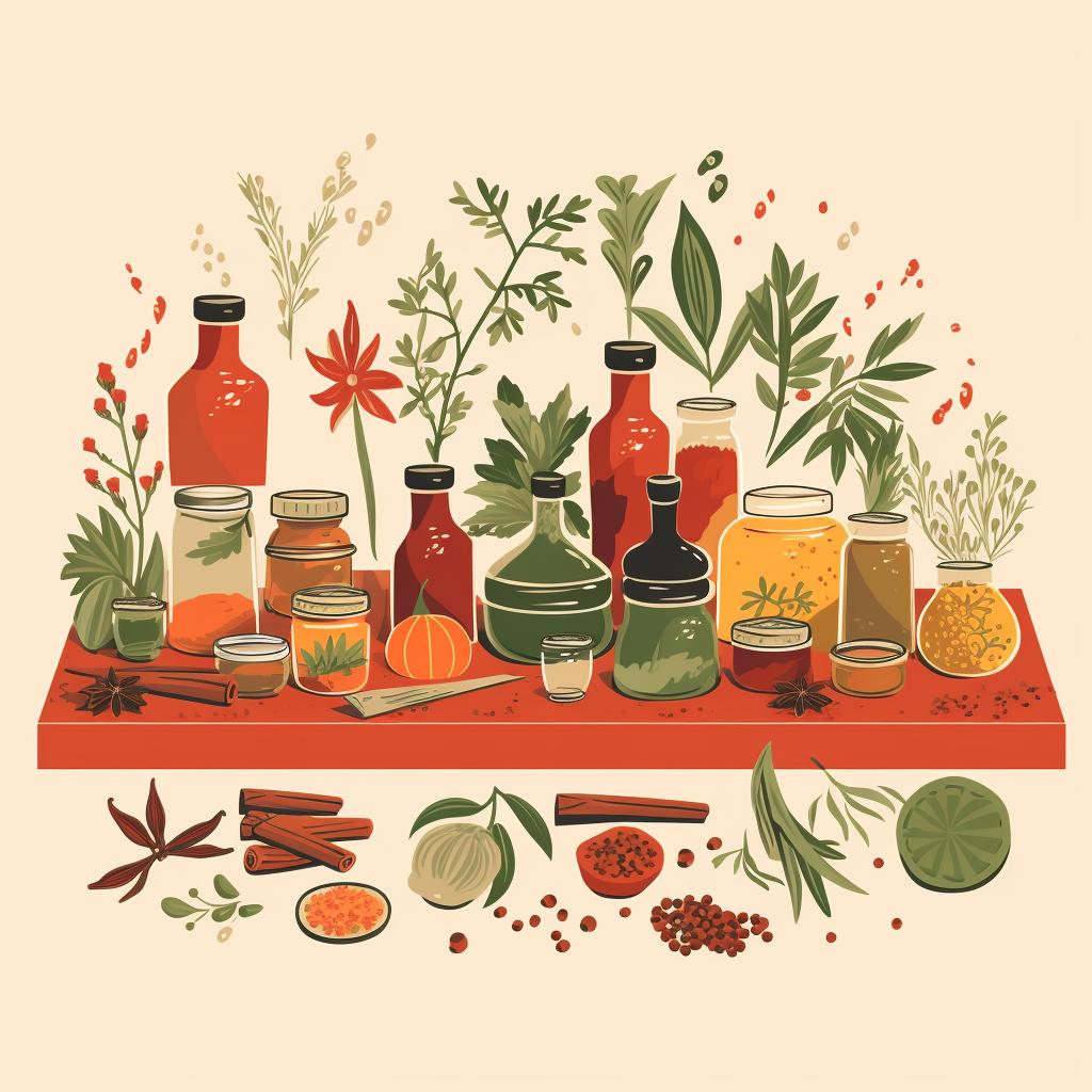 A variety of colorful herbs and spices spread out on a kitchen counter