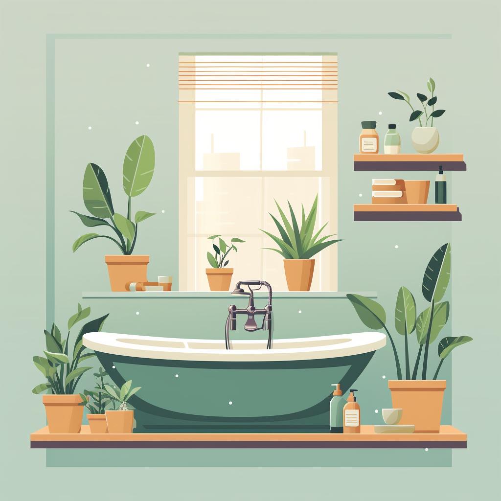 A serene bathroom with a tub filled with herbal-infused water