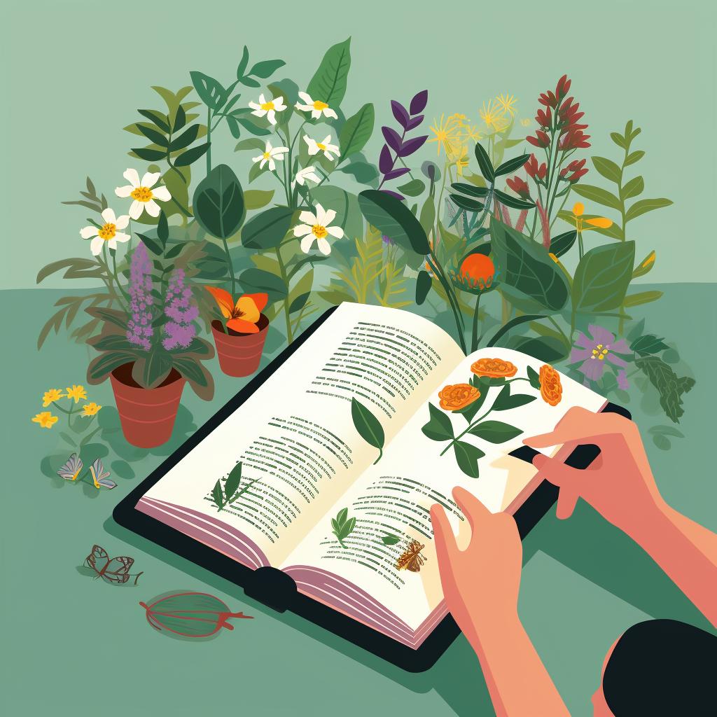 A person researching different types of herbs on a book or digital device
