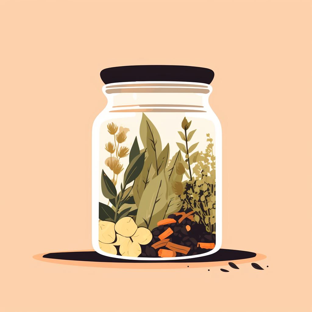 A jar half-filled with dried herbs