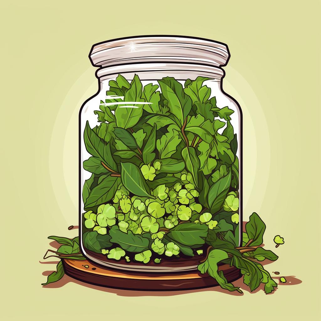 Chopped herb covered with alcohol in a glass jar