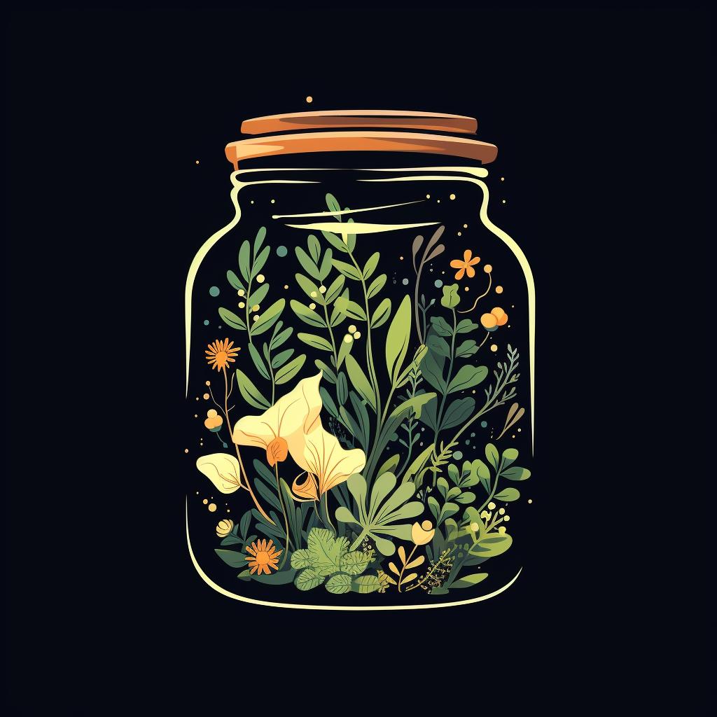 A sealed jar filled with herbs and liquid, placed in a dark cupboard